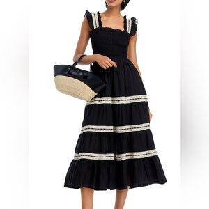 AQUA Elegant Smocked Lace Inset Midi Dress